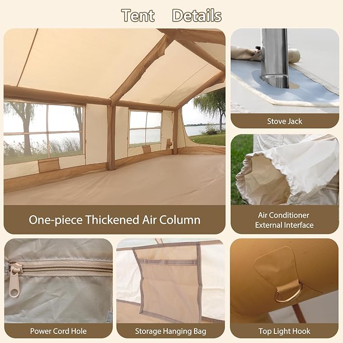 Oxford Inflatable Tent for Camping with Hand Pump, 4 Season Glamping Tents with Stove Jack for 8-12 Person, Waterproof Outdoor Party Camping Festival