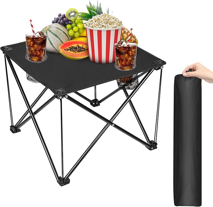 Portable Camping Table, Ultralight Picnic Table Foldable with 2 Cup Holders and Carrying Bag for Outdoor Camping Picnic BBQ Beach Party Patio Fishing, Steel Frame, High-Grade 600D Oxford Fabric 2