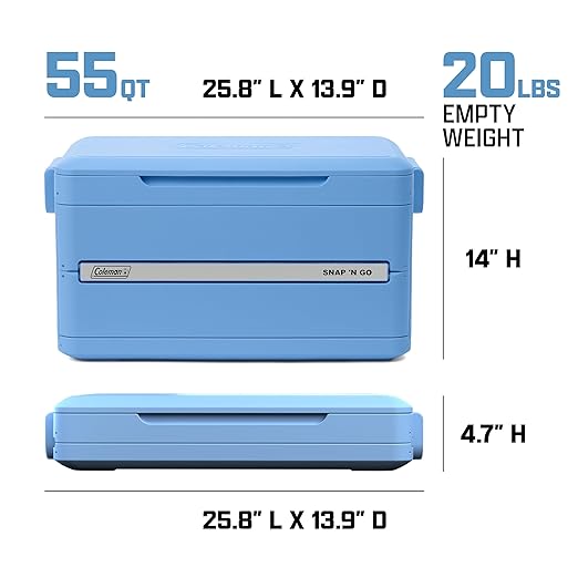 Coleman Snap N Go 55qt Collapsible Hard Cooler, Keeps ice Cold for up to 64 Hours, Holds up to 93 cans, Collapses up to 1/3 its Size, Can Hold up to 200 pounds, Blue Sky