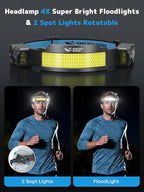 Smiling Shark TS-4 Headlamp, Dual Spotlight with 4X Floodlight & Strobe LED Head Torch Rechargeable 2400mAh Long-Lasting for Camping Hiking Running Jogging (1 Pack)