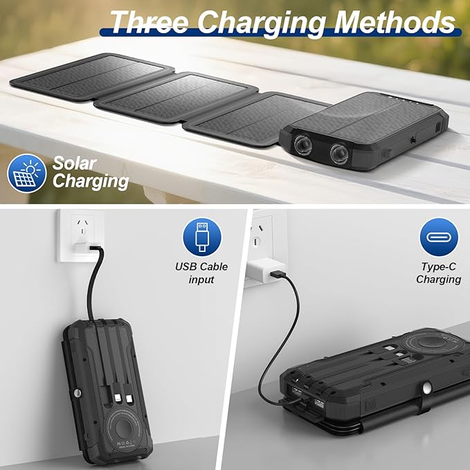 Solar Power Bank 20000mAh Portable Charger Built-in 3 Cables and Wireless Charging Battery Pack Compatible for iPhone, Samsung, IPX5 Waterproof, Bright Flashlight Perfect for Camping,Hiking,Outdoor