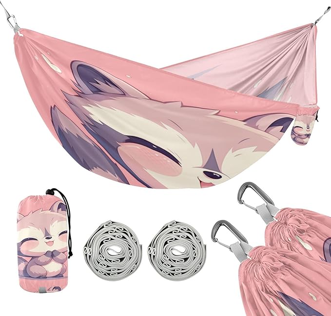 Cartoon Raccoon Pink Camping Hammocks with Tree Straps Indoor Hammock for Outside Patio Backyard Poolside
