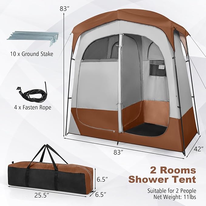 Tangkula Double Room Shower Tent, Oversize Space Privacy Tent with Floor, Removable Rain Fly, Inside Pocket, Clothesline, Top Hook, Portable Outdoor Changing Tent for Dressing, Camping, Toilet