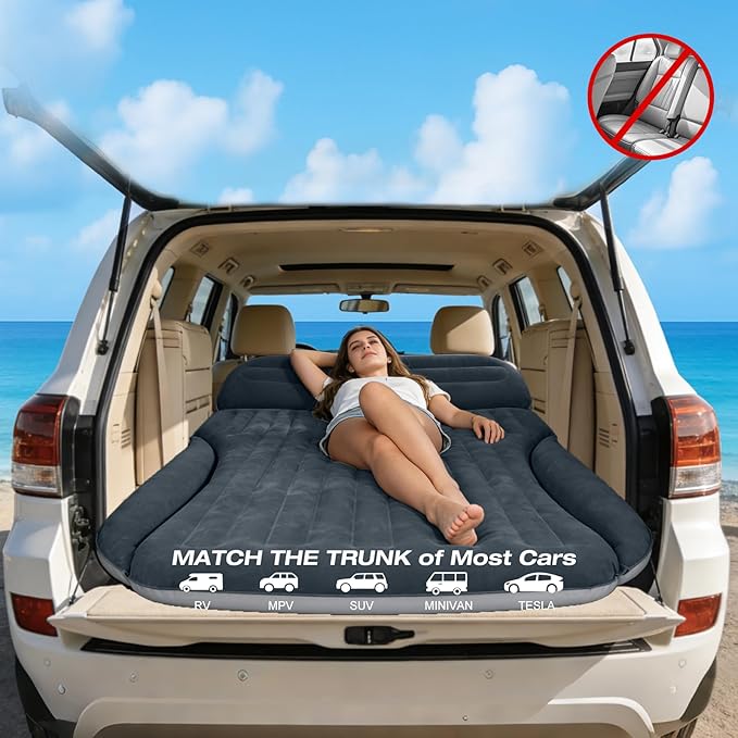 SUV Air Mattress, Double-Sided Thick Flocked Car Air Mattress with Built-in Pump & Pillow, Complete Sleeping Accessories for Auto Camping & Road Trips（Dark Gray）