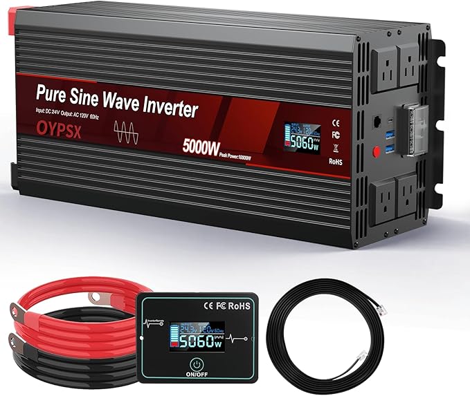 5000W Power Inverter 24V to 110V 120V AC Pure Sine Wave Inverter for RVs Truck Camping,Outdoor Off-Grid Power Converter with LCD Display,Wired Controller,AC Outlets USB Ports(24V-5000Watts)