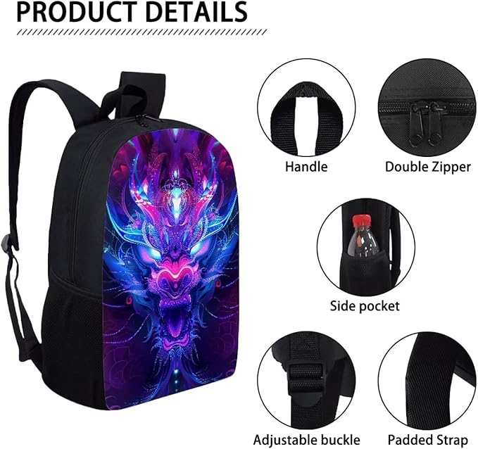 Dragon Backpack with Lunch Box 3 in 1 Cool Lightweight Bookbag for Boys 5-7 17 Inch Large Capacity Elementary School Bags Camping Lunch Bags Easy to Carry
