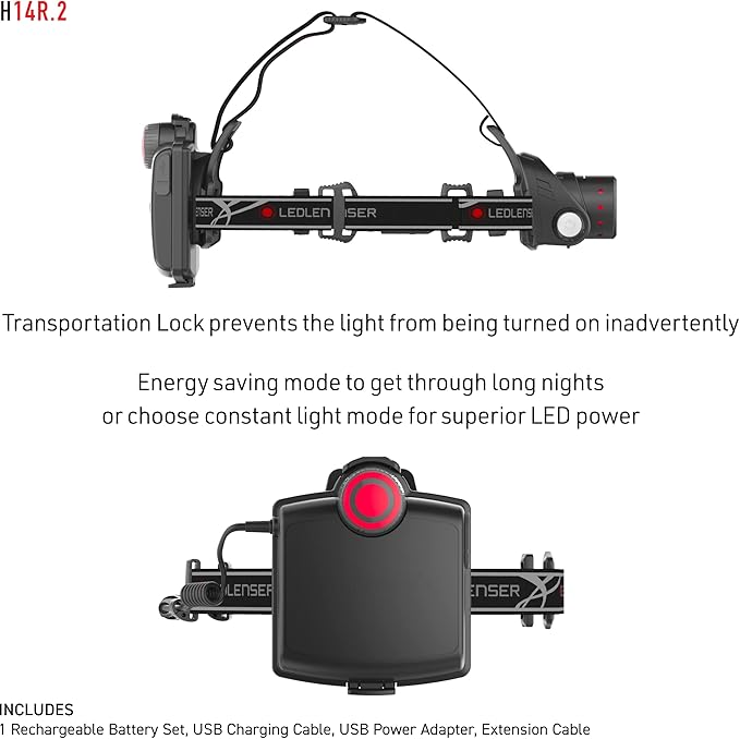 Ledlenser H14R.2 Rechargeable LED Headlamp - Black, 4400mAh Li-ion, IPX4-1000LM Boost & 300M Beam for Bright Headlamp Use - Hard Hat Flashlight Mount Cable - Rear Red Light & Battery Indicator