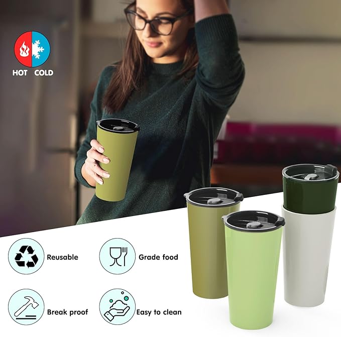 4 Pack Plastic Travel Coffee Mug Set, 20 oz Spill Proof Drinking Cups with Lids, Pobtable to Go Camping Coffee Tumbler Reusable Coffee Mugs with Lids, Dishwasher & Microwave Safe