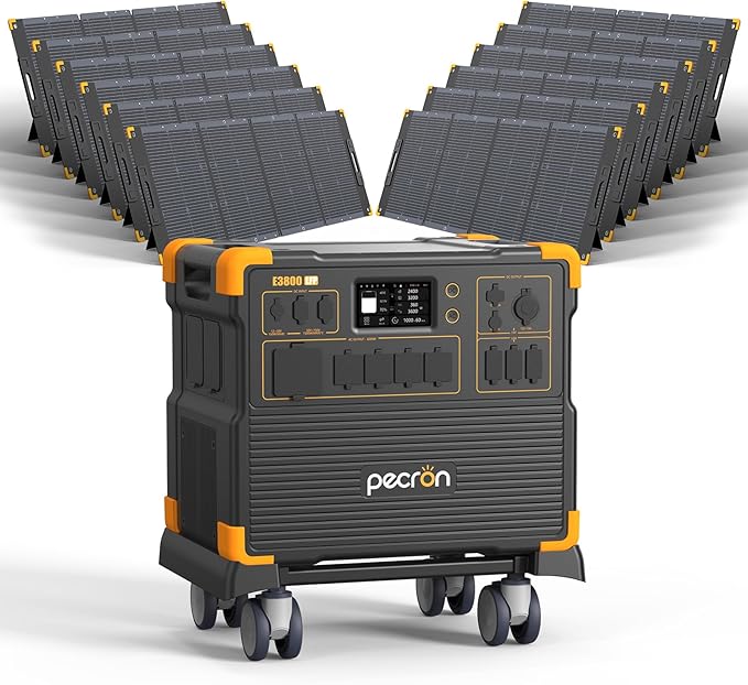 PECRON Portable Power Station E3800 LFP with 12x300W Solar Panels, 3840Wh LiFePO4 Battery, 4200W Solar Generator, Expandable to 53.76kWh Power Station Backup, Fast Charging for Home Emergency, Camping
