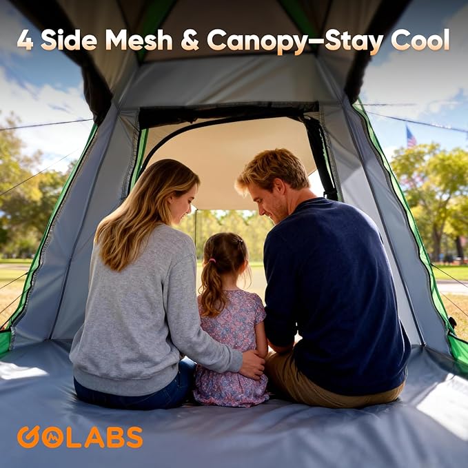 Golabs 3 Person Camping Tent w/ 9.5x8.5 ft Canopy, 3-Minute Setup by Pre-Attached Pole, PU1500mm Waterproof, 4 Side Mesh Tent Top & Door & Ventilation, Portable Family Tent w/Carry Bag & Pocket & Hook