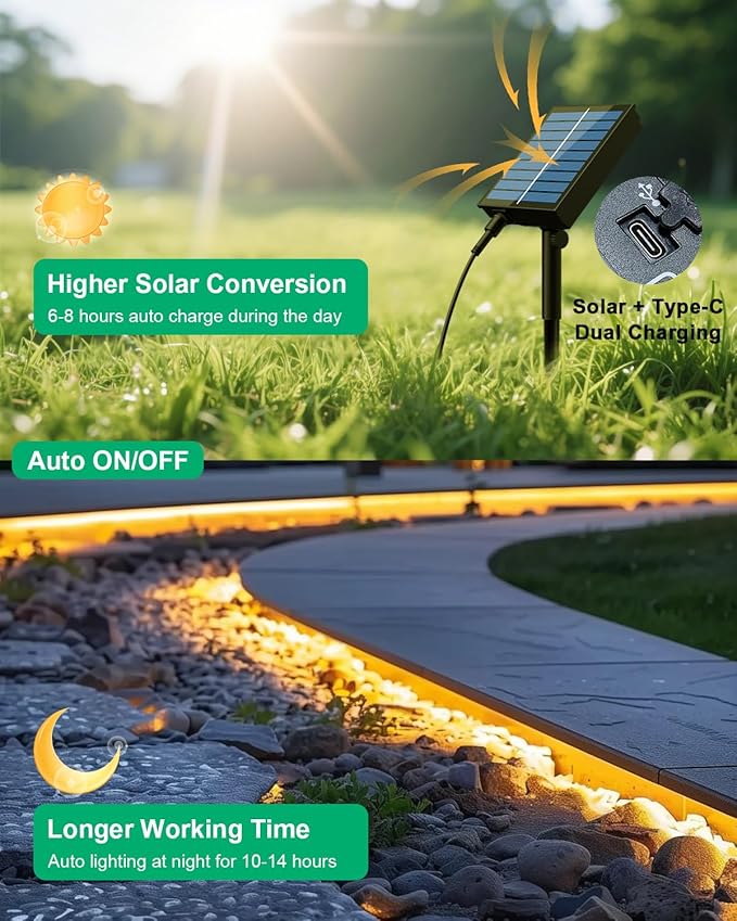 120ft Total (3x40ft) - 3 Pack Solar Led Strip Lights Outdoor, 8 Mode with Remote Timer and Auto On/Off, Self-Adhesive Waterproof, Great for Yard, Garden, Stair and Sidewalk Decor, Warm White