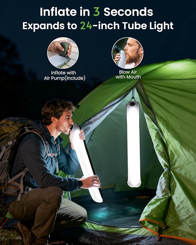 Solar Camping Lantern - Inflatable LED Lamp, USB Rechargeable, 4 Lighting Modes, IP66 Waterproof - Portable Collapsible Tent Light for Hiking, Survival Kits, Hurricane & Power Outage (Black)