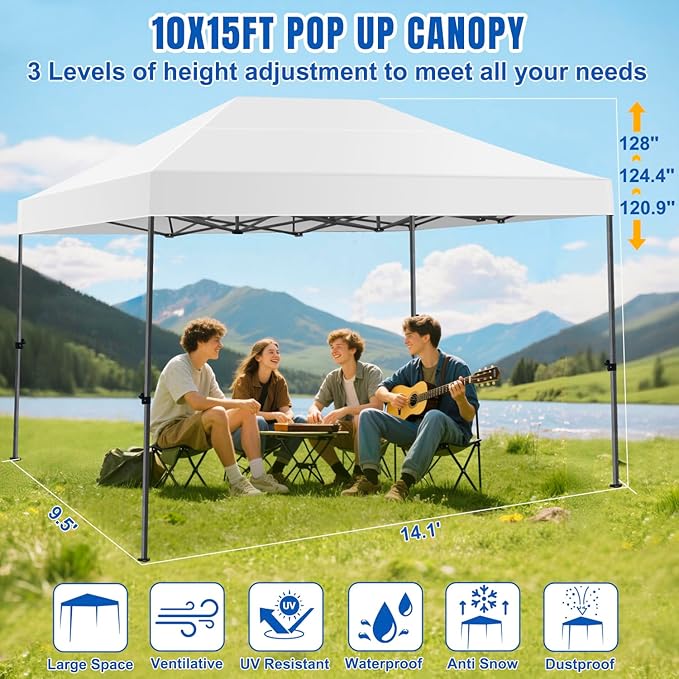 Yesker 10x15 Pop Up Canopy Tent - Instant Outdoor Canopy Easy Setup Gazebo, Waterproof & UV Protection, Large Adjustable Height Instant Sun Shelter Tents for Patio Backyard Market Party Events, White