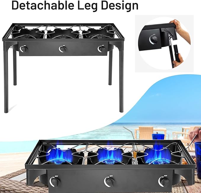 Giantex Outdoor Triple Burner Stove, High Pressure 3 Burner Stand Max. 225,000 BTU total, 0-20 PSI Regulator Detachable Legs, Portable 3 Propane Grill Burner Stove for Camping Picnic Cookout