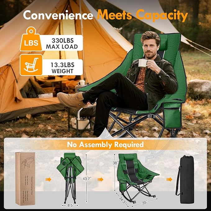 Slendor Oversized Heated Camping Chair, Folding Heated Rocking Chair with Padded Pillow, 3 Adjustable Heat Settings Portable Camp Chair for Outdoor & Indoor Use, NO Power Bank,Green