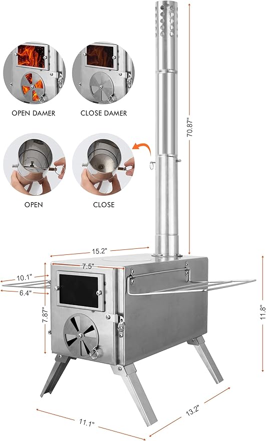 Camping Stove for Hot Tents, LAMA 304 Stainless Steel Wood Burning Stove with Stainless Wall Chimney Pipes for Tents, Shelter, Outdoor Portable Stove for Camping Heating and Cooking