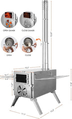 Camping Stove for Hot Tents, LAMA 304 Stainless Steel Wood Burning Stove with Stainless Wall Chimney Pipes for Tents, Shelter, Outdoor Portable Stove for Camping Heating and Cooking