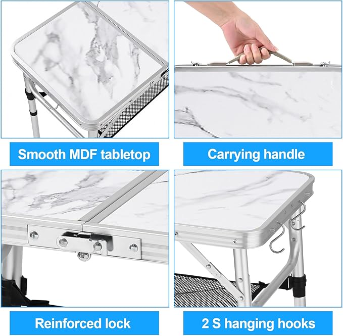 Small Folding Camping Table, 2ft Portable Table with 3 Adjustable Heights, Aluminum Lightweight Foldable Picnic Table with Mesh Layer and Extension Legs for RV, BBQ and Indoor