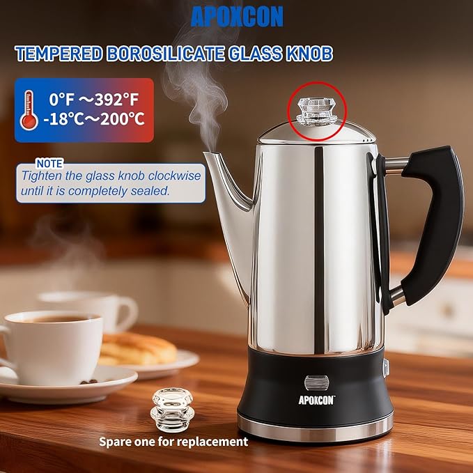 Electric Coffee Percolator Stainless Steel Coffee Maker with Clear Brew Progress Tough Glass Knob and On/OFF Switch Classic Coffee Pot with Keep Warm & Cordless Serve No Aluminum (12 Cup)