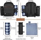 Sunflora Insulated Picnic Backpack for 2 Person Bag with Cooler Compartment, Wine Pouch, Blanket and Stainless Steel Cutlery Set for Couple, Lovers and Friends (Black)
