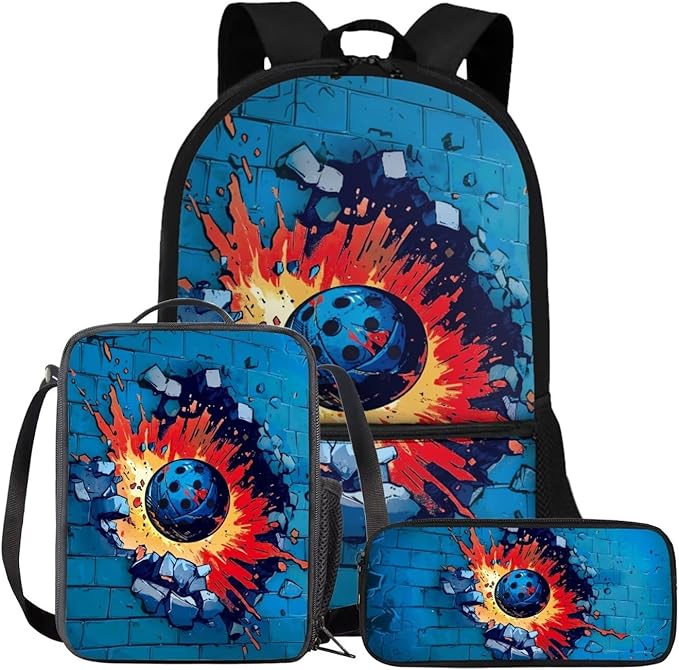 Rnyleeg Fire Pickleball Backpack for Kids 6-8 with Lunch Box Funny Boys Backpack Set Lightweight Book Bag Set 3-in-1 for Elementary Students Back to School Gifts