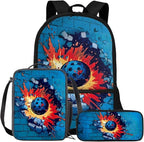Rnyleeg Fire Pickleball Backpack for Kids 6-8 with Lunch Box Funny Boys Backpack Set Lightweight Book Bag Set 3-in-1 for Elementary Students Back to School Gifts