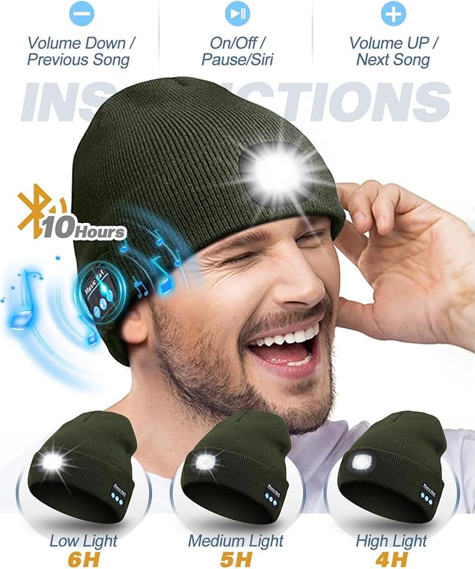 Bluetooth Beanie with Light, USB Rechargeable LED Headlamp Winter Hat, Men Women Valentine's Day Gifts