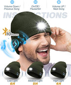 Bluetooth Beanie with Light, USB Rechargeable LED Headlamp Winter Hat, Men Women Valentine's Day Gifts