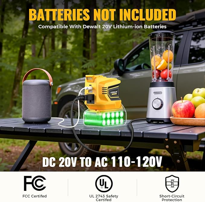 LIVOWALNY 200W Power Inverter Compatible with DeWALT 20V Battery, DC 20V to AC 110-120V Power Station with 1 AC Outlet, 2 USB, 1 Type-C & LED Light, for Camping Power Outage (No Battery)