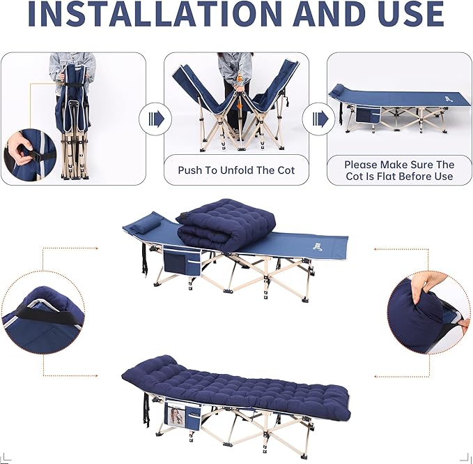 Nice C Camping Cots with Cushion, Camping Cots with Mattress, for Adults, Folding Cot, with Pillow, Carry Bag & Storage Pocket, Extra Wide Sturdy, Holds Up to 500 Lbs (1, Mattress Navy)