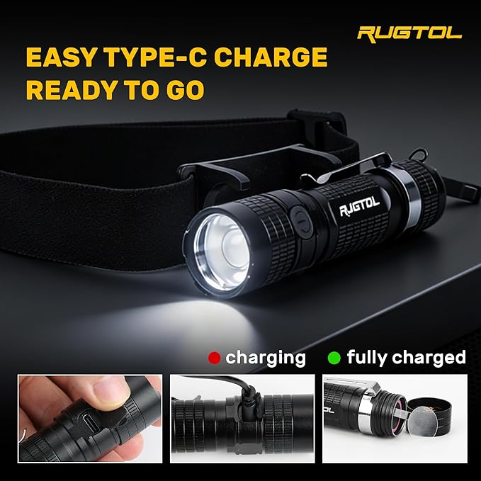 Headlamp, USB C Rechargeable Battery Powered Head Lamp LED Flashlight with Clip Magnetic Base, 1000 Lumens Zoomable Aluminum Headlamp IPX4 Waterproof for Hard Hat Working Running Hiking
