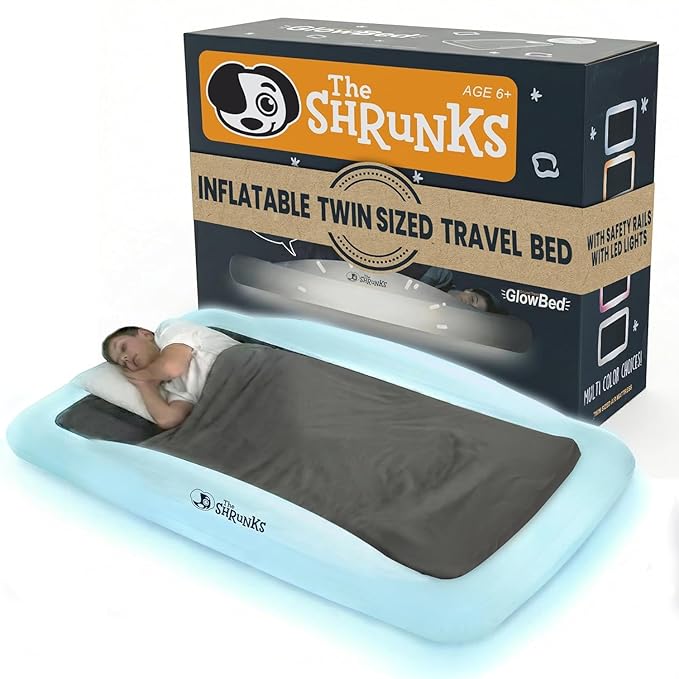 The Shrunks Inflatable Travel Bed with LED & Remote – Portable Kids Air Mattress for Travel, Camping & Sleepovers – Blow Up Bed with Glowing Halo Designed for Balance – Twin Size