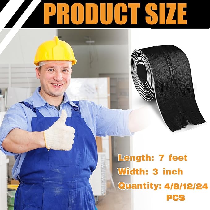 Tigeen 24 Roll Heavy Duty Zipper Door for Dust Barriers 7 ft x 3 Inch Self Adhesive Construction Zipper Door for Greenhouse Tent Accessories (Black)