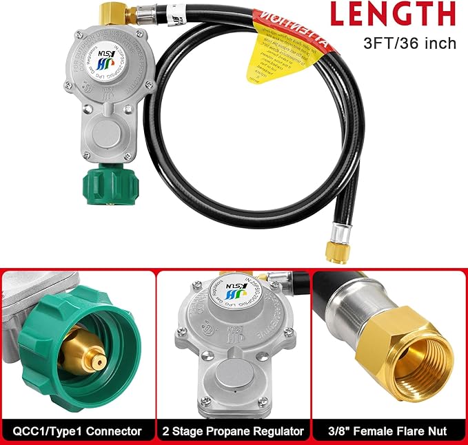GasSaf 3FT 2 Stage Propane Regulator with Hose 90 Degrees RV Propane Regulator Hose Suitable for Dual Fuel Generator, RV Appliance, Gas Grills and More, 3/8 Female Flare Nut