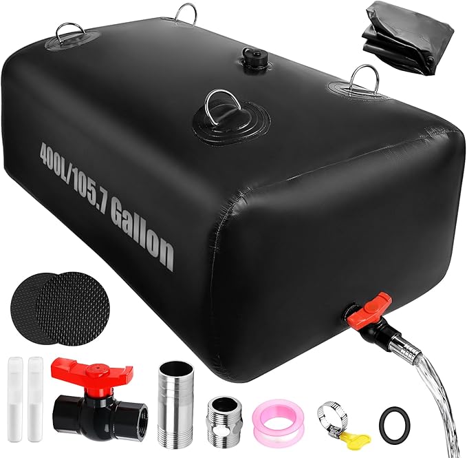 400 L/105.7 Gallon Water Storage Bladder, Foldable Portable Water Bladder Tank, Large Capacity Water Bag Container for Camping, Truck, RV, Emergency, Outdoor-Black