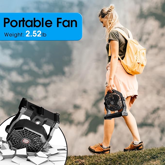 Camping Fan with LED Lantern, 20000 mAh 9 Inch Portable Rechargeable Battery Powered Fan with Stepless Speed and Quiet Battery Operated for Tent, Picnic, Barbecue, Fishing, Travel, Home