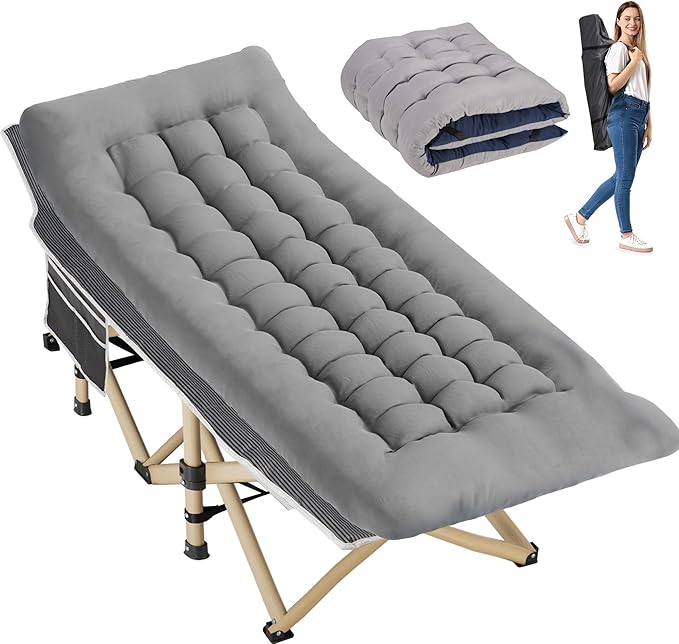 Folding Camping Cot for Sleeping, Portable Cots for Adults, Heavy Duty Cot Bed 550LBS(Max Load), Extra Wider Cots with Large Pocket for Outdoor, Office, Beach