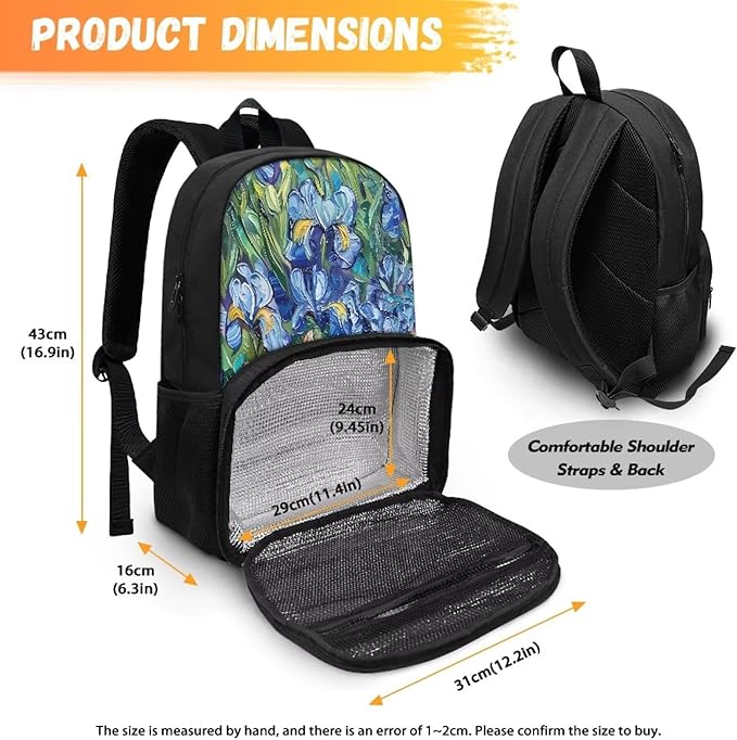 Hiking Picnic Food Cooler Backpack for Teens Men Women Primary Middle High School Bookbag Outdoor Laptop Bag All In One Backpack Meal Bag, Cat in Irises Floral