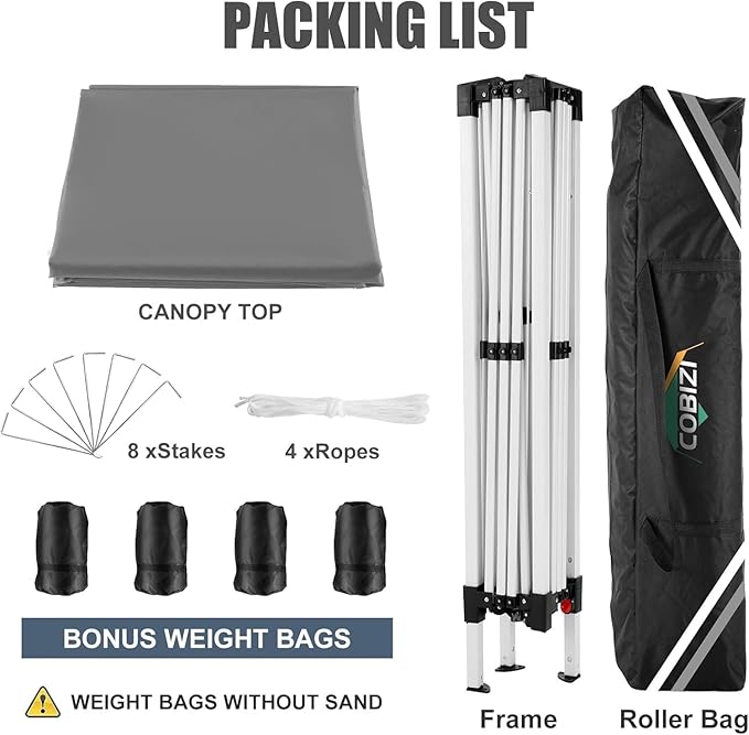 COBIZI 10x10 Pop Up Canopy Tent with 4 Sandbags, Easy Set Up Gazebo, Instant Outdoor Sun Shelter with 8 Stakes,4 Ropes&Carry Bag, Tent for Parties, Beach, Backyard,Camping(Gray