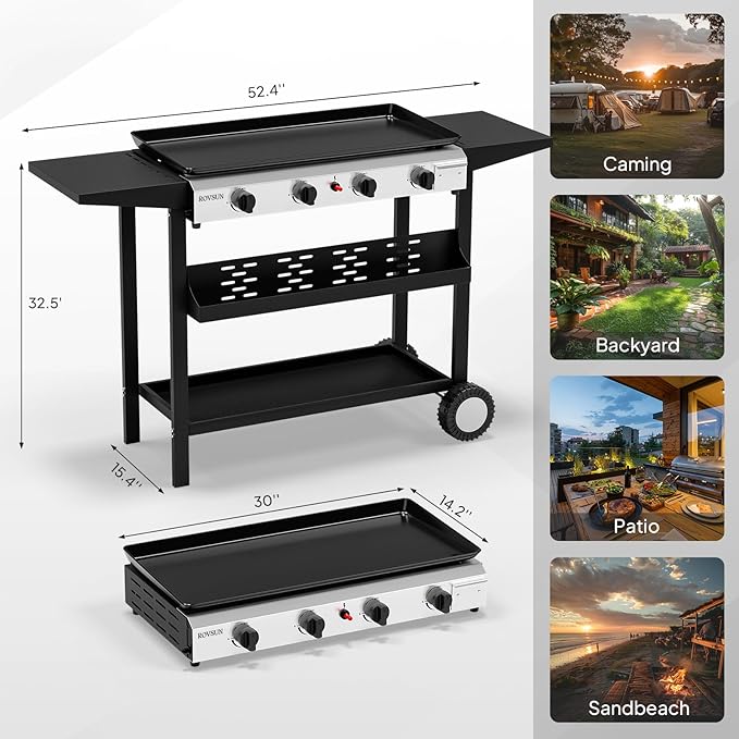 Bonnlo 4 Burner Portable Propane Griddle, 40,000BTU Gas Grill with Enameled Tray, Rolling Flat Top Grill with Electronic Ignition, Side Shelve & Regulator, Ideal for Outdoor Patio Cooking BBQ