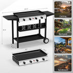 Bonnlo 4 Burner Portable Propane Griddle, 40,000BTU Gas Grill with Enameled Tray, Rolling Flat Top Grill with Electronic Ignition, Side Shelve & Regulator, Ideal for Outdoor Patio Cooking BBQ