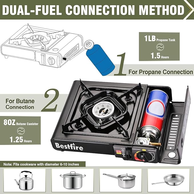 BESTFIRE Portable Dual Fuel Camping Stove – Reliable Butane & Propane Gas Stove with Carrying Case & Adapter – Single Burner for Outdoor Cooking, Tailgating & Emergency