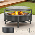 Fire Pits for Outside Wood Burning，3 in 1 Split Fire Pit with Rotating Table, Grill, Poker & Waterproof Cover, Portable Heavy Duty Steel Outdoor Firepit for Camping, Patio, Backyard