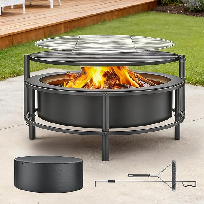 Fire Pits for Outside Wood Burning，3 in 1 Split Fire Pit with Rotating Table, Grill, Poker & Waterproof Cover, Portable Heavy Duty Steel Outdoor Firepit for Camping, Patio, Backyard