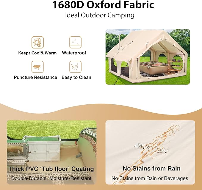 2025 Upgraded Waterproof Inflatable Camping Tent, Large Blow-Up Air Tent, No Assembly Needed Luxury Glamping House, Oxford Fabric