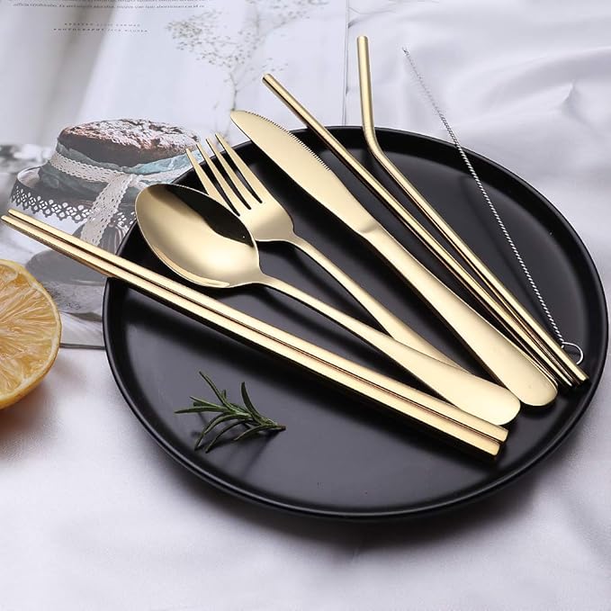 Portable Stainless Steel Flatware Set, Travel Camping Cutlery Set, Portable Utensil Travel Silverware Dinnerware Set with a Waterproof Case (Gold)