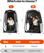 Sportneer XL Pop Up Sports Tent, 46" L x 46" W x 63.5" H Clear TPU Outdoor Shelter for 1 Adult & 1 Child, All-Weather Warm Bubble Pod with Instant Setup, Wind & Rain Protection for Spectators