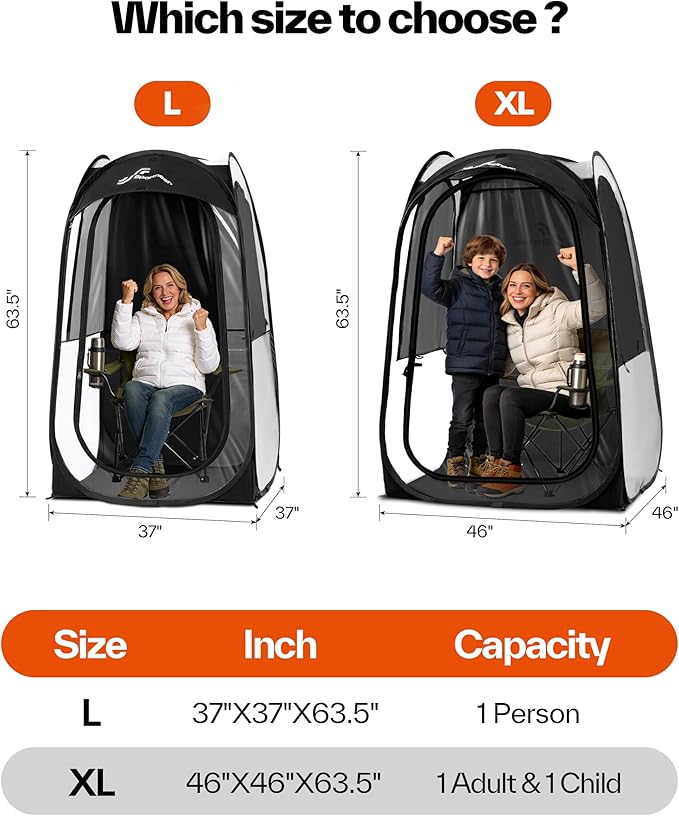 Sportneer XL Pop Up Sports Tent, 46" L x 46" W x 63.5" H Clear TPU Outdoor Shelter for 1 Adult & 1 Child, All-Weather Warm Bubble Pod with Instant Setup, Wind & Rain Protection for Spectators