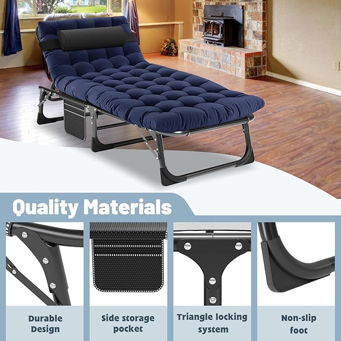 Slsy Sleeping Cots for Adults, 5-Position Folding Chaise Lounge Chairs Outdoor, Portable Folding Bed Cot Lounge Chair for Beach Lawn Camping Pool Sun Tanning