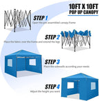 Alishebuy 10x10 Pop Up Canopy Tent with 4 Removable Sidewalls 2.0, Waterproof Commercial Instant Gazebo Tent Outdoor Canopy Tents for Party/Exhibition/Picnic with Carry Bag,4 Stakes & Ropes (Blue)